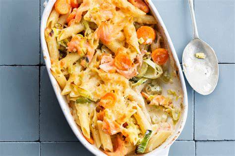 Scampi met prei en wortel in romige saus