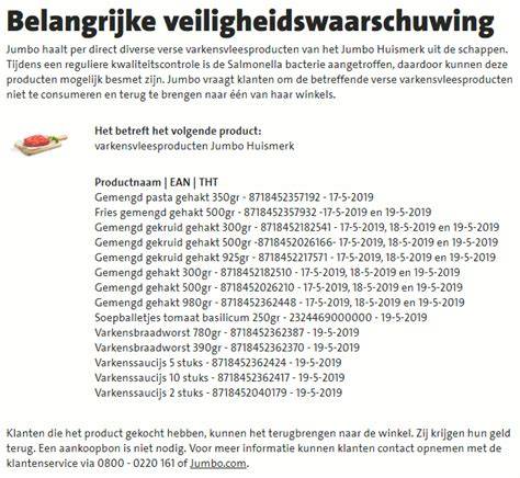 teruggeroepen Jumbo varkensvleesproducten