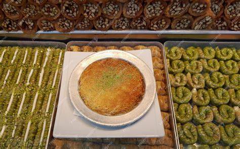 Turkse baklava en kunefe in vitrine